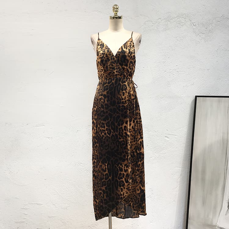 Womens V-Neck Leopard MIDI Dress