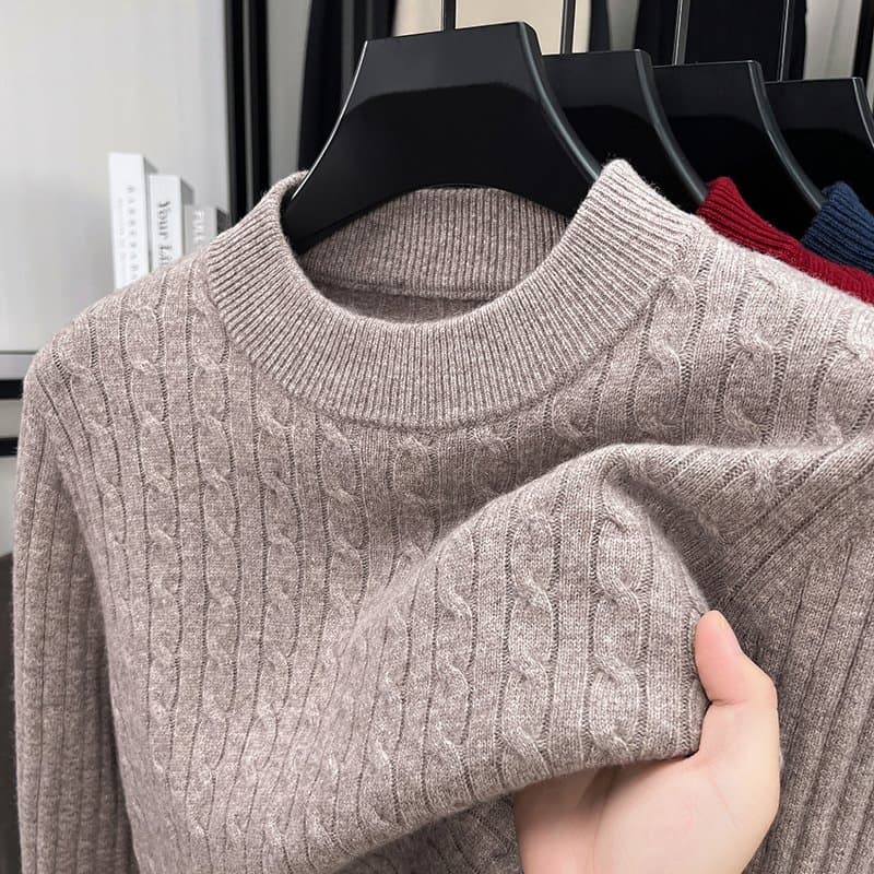 Men 100% Wool Cable Knit Mock Neck Sweater