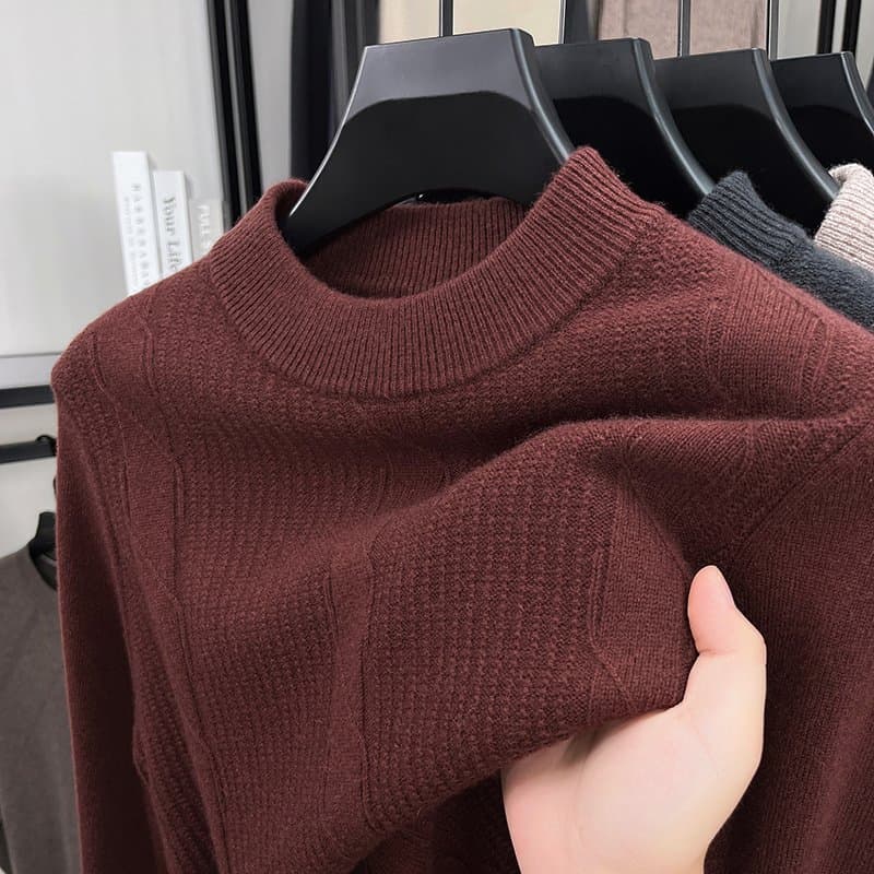 Men 100% Wool Mock Neck Cable Knit Sweater