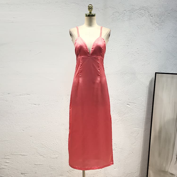 Women Satin V-Neck MIDI Dress