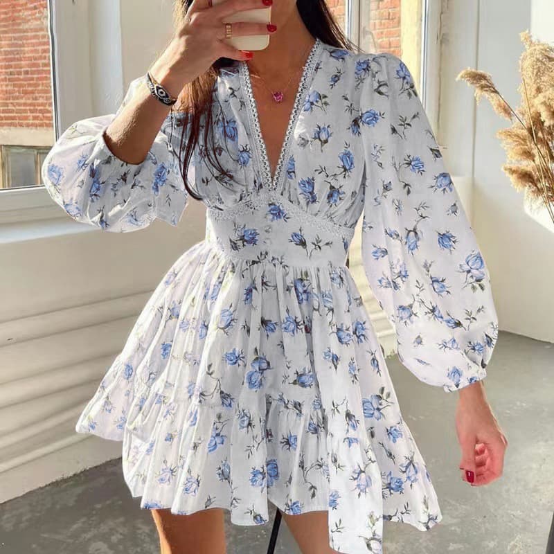 Best Elegant Party Beach Sweet Dress Women Long Sleeve Chiffon Floral Dress for Females Chic Sweet Deep V Neck Lace Short Dress