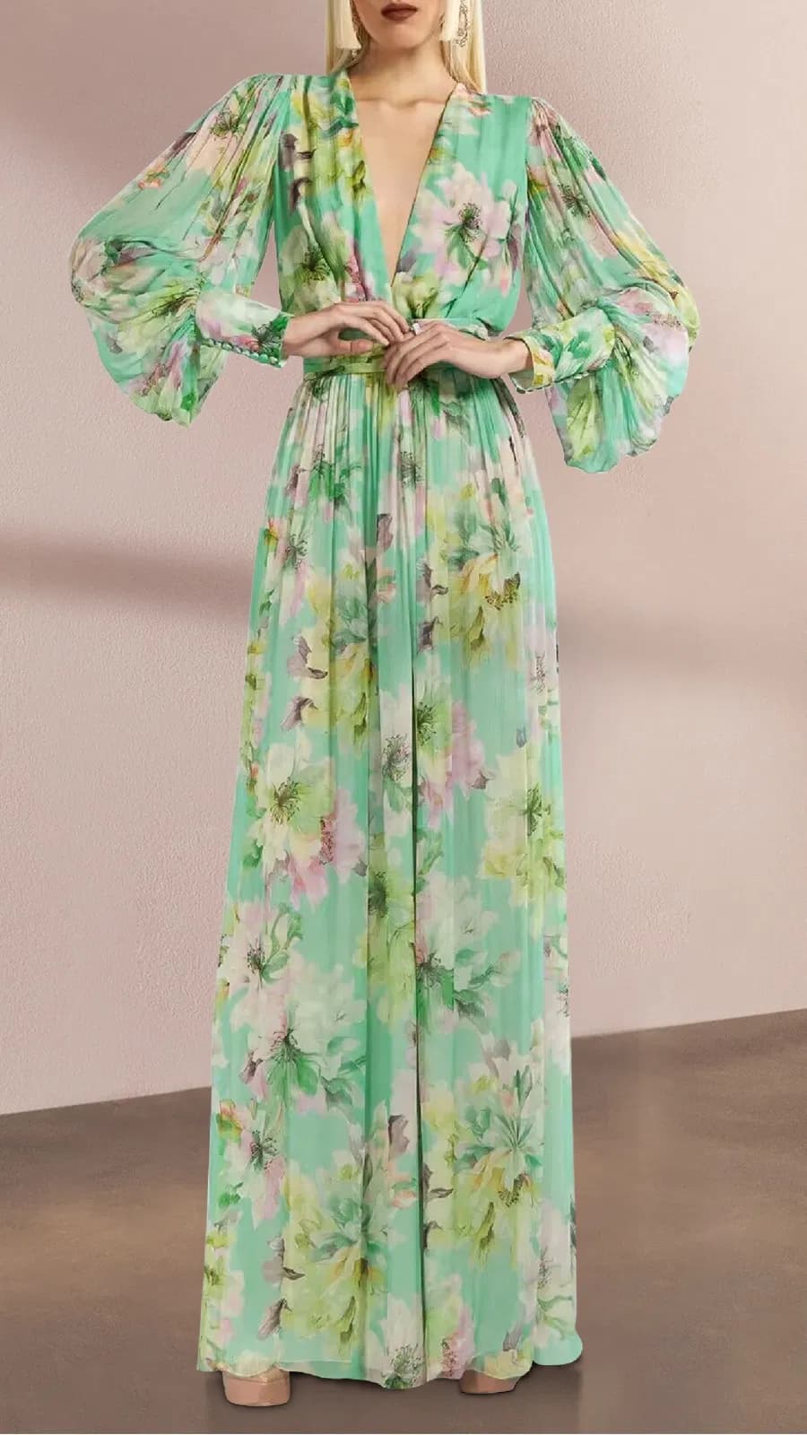 New Arrival Advanced Luxury Sexy V-Neck High Waisted Puff Sleeve Party Maxi Dress