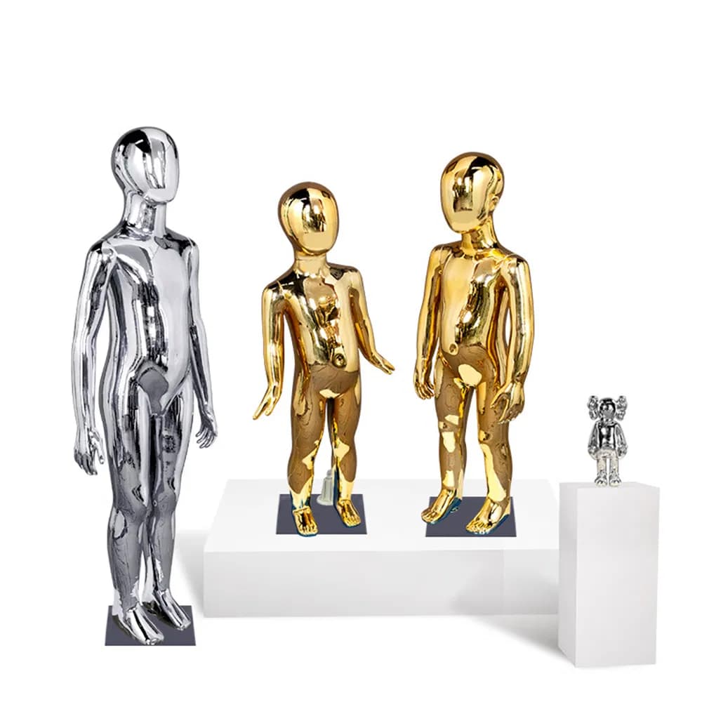 Best Quality Whole Body Plating Chrome Mannequin in Glossy Silver/Gold Made of Metal/Fiberglass with Square/Round Glass/Metal Base for Children Clothes Display