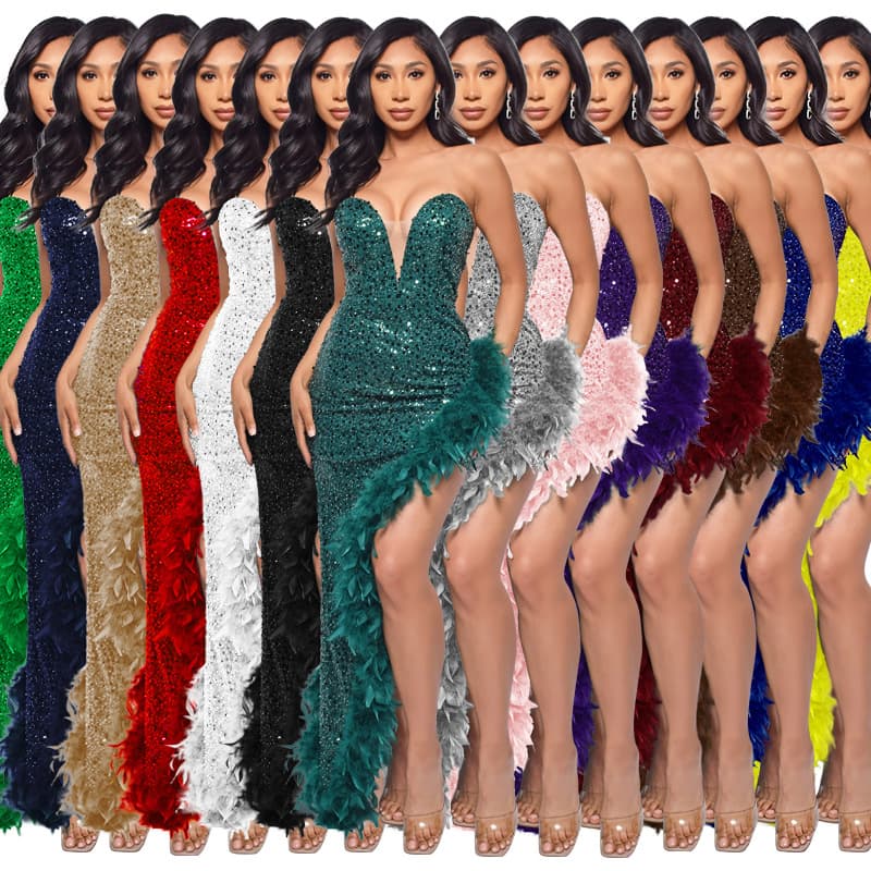 European and American Womens 2025 Tube Top Backless Sequined Feather Dress for Women