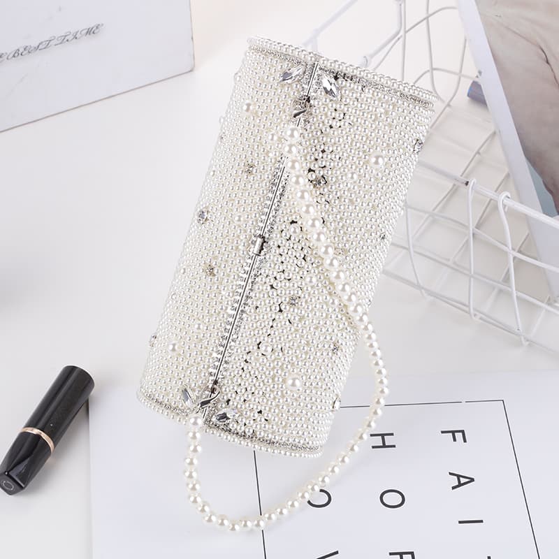 Long Round Pearls Beaded Evening Bag Wedding Party Lady Handbag Clutch Bag