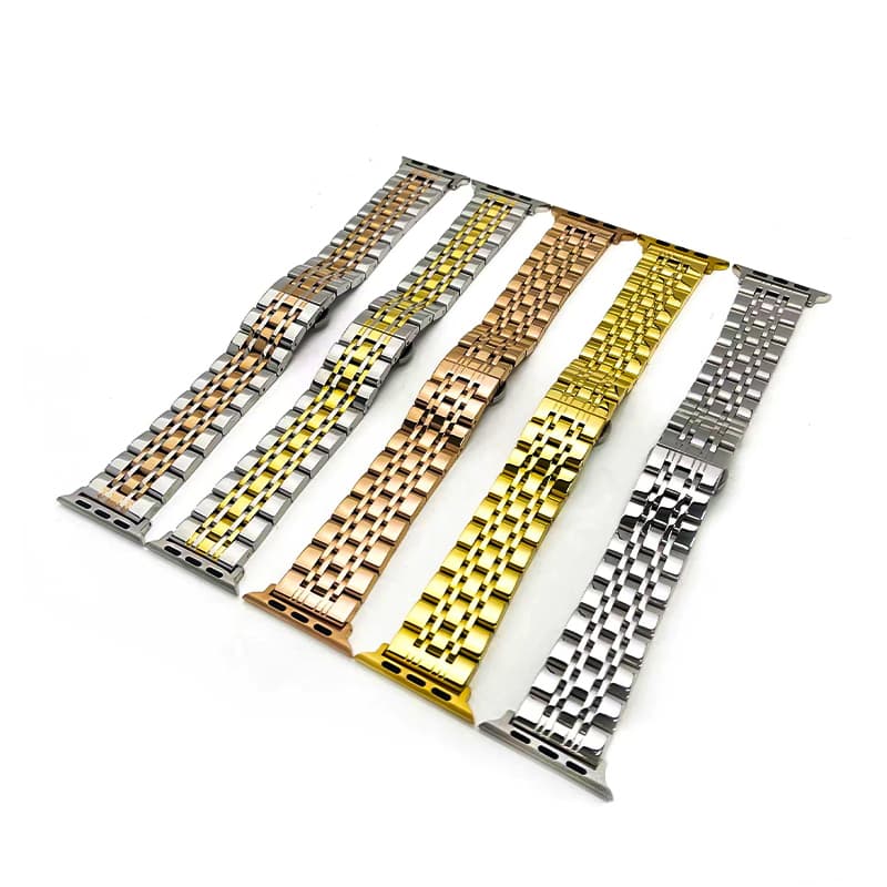 Customized 304 Precision Stainless Steel Adjustable Metal Stainless for Apple Watch Band Seven Beads Solid Butterfly Buckle Watch Strap