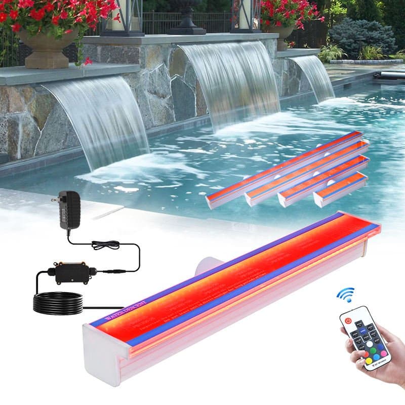 Outdoor LED Acrylic Garden Fountain 7 Colors Changing Pool Waterfall with Remote Sheer Water Spillway Decoration