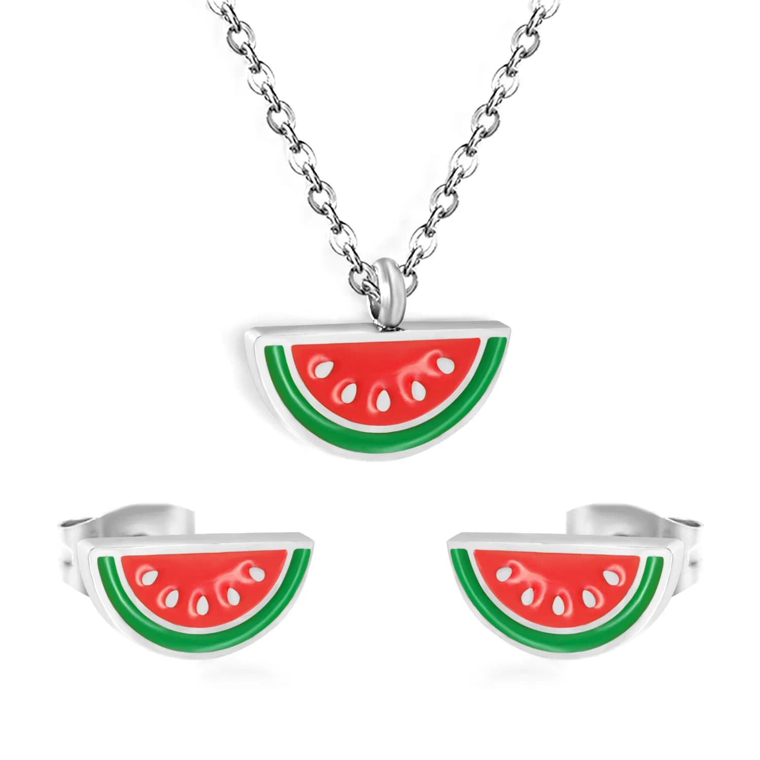 Ason Stainless Steel Enamel Earrings Necklace Set Watermelon Jewellery Set for Kids