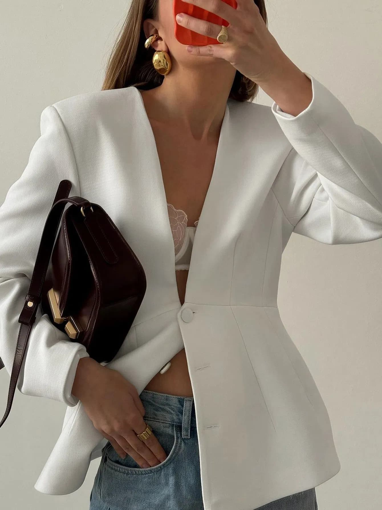 Women's Premium Long-Sleeve V-Neck Solid-Color Blazer Suit Blazer Jacket Sehe Fashionbisou