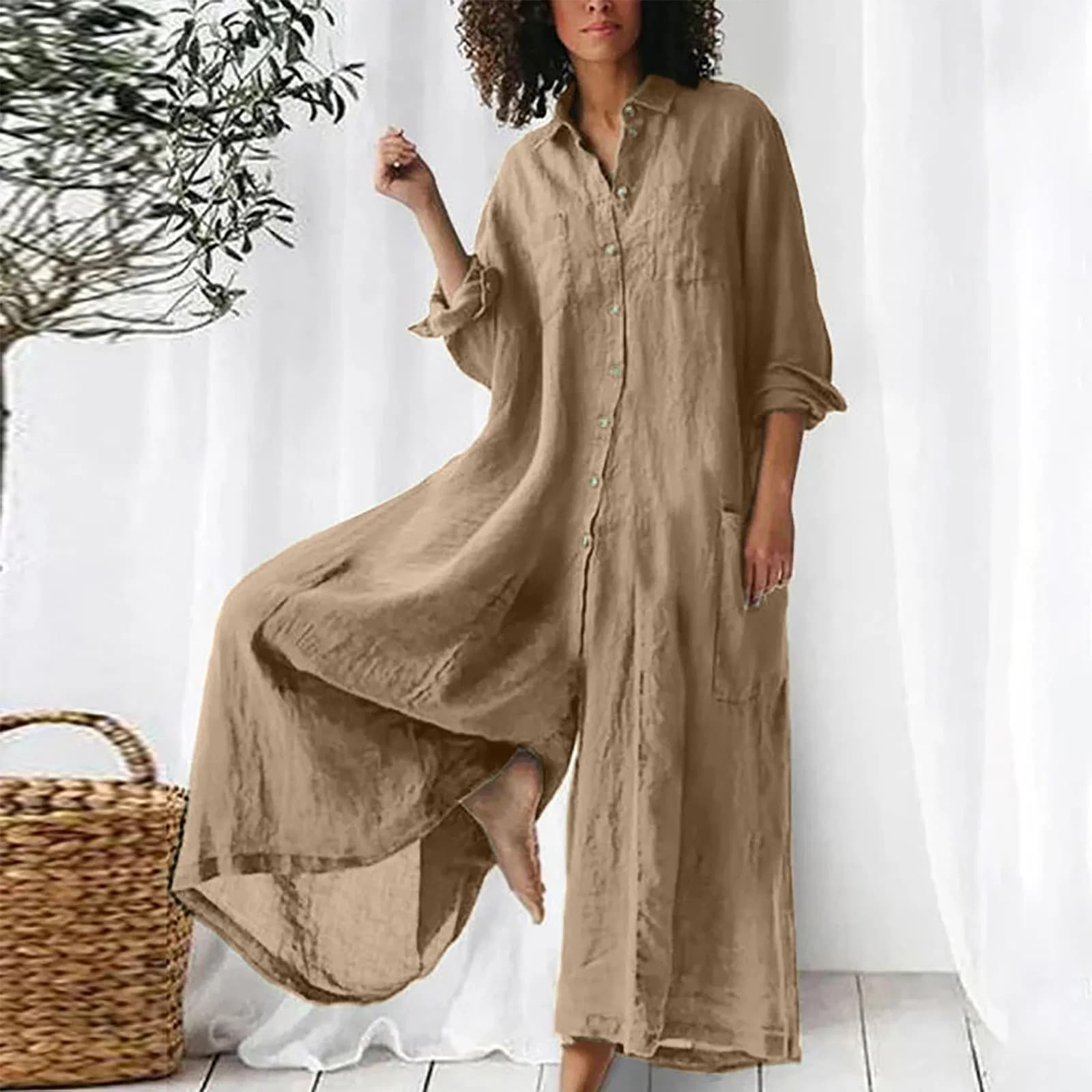 Summer Women Casual Cotton Linen Wide Legs Pants Jumpsuit Oversize Button Down Jumpsuit