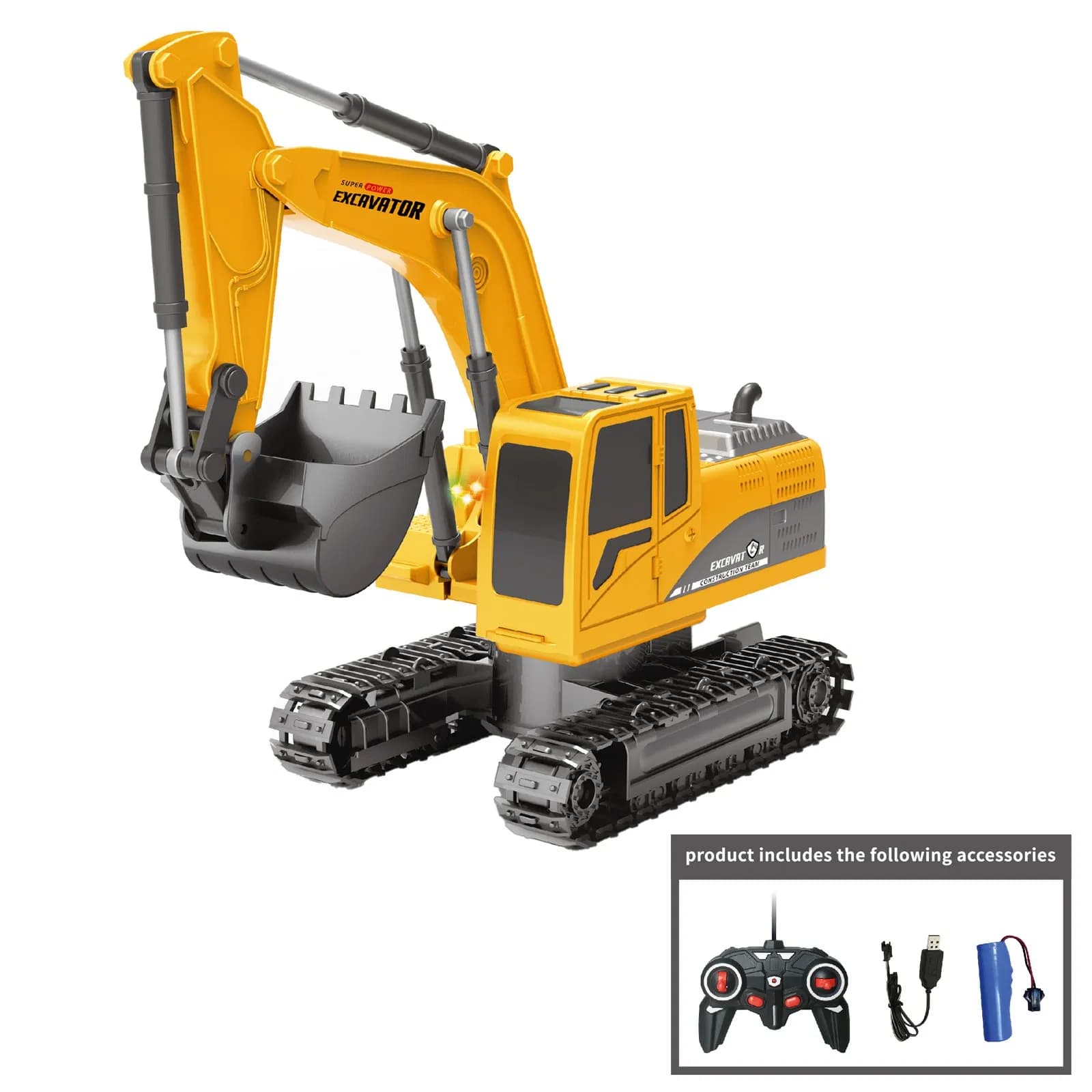6CH Alloy RC Excavator Toy with LED Lights & Music - Kids Construction Vehicle Model Gift for Ages 3-12