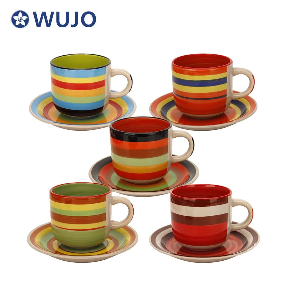 Cheap Ceramic Cup and Saucer 12PCS Hand Painted Stoneware Tea Cups & Saucers