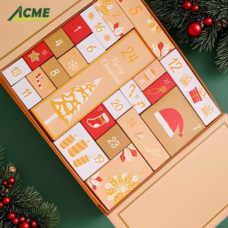Custom 24-Day Christmas Advent Calendar Gift Box with Gold Foil & Red Ribbon