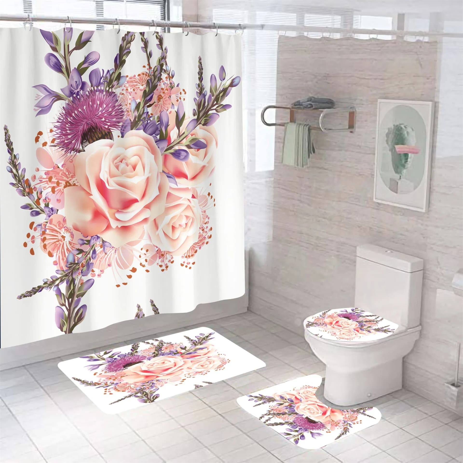 Waterproof Custom Various Floral Design 3D Printing Bathroom Mats Shower Curtain Combination Sets