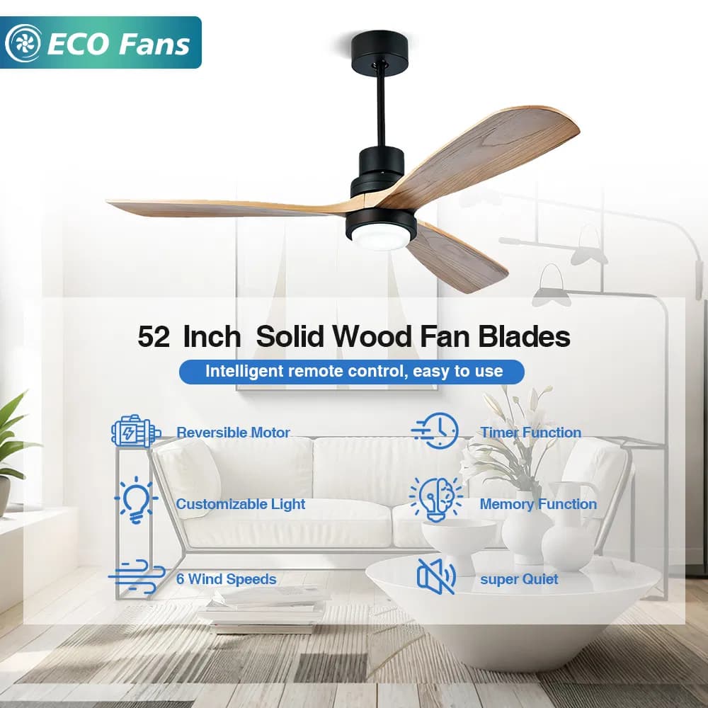 52 Inch Solid Wood Blade Ceiling Fan with Remote Controll and LED Light for Home Decoration
