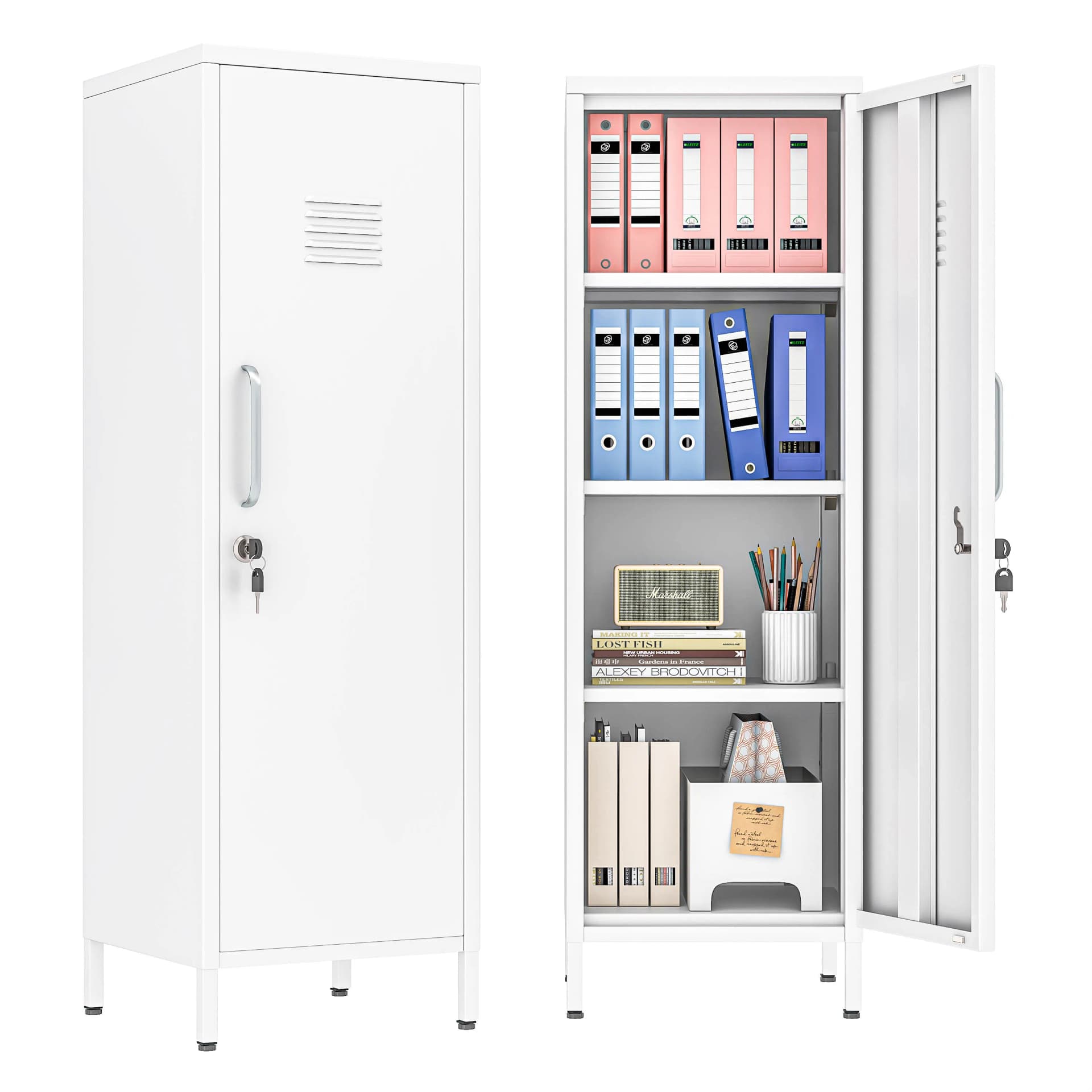 White Metal Storage Cabinet Filling Cabinet with Lock for Kitchen & Workshop