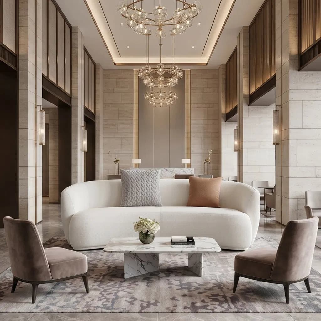 Custom Hotel Lobby Furniture Sofa Modern Design Hospitality Waiting Lounge Sofa Teddy Fabric Resort Business Hotel Reception Curved Couch