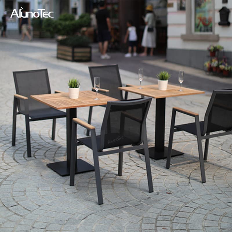 Multifunctional Aluminum Frame Plastic Wood Armrest Outdoor Dining Chairs Table Set