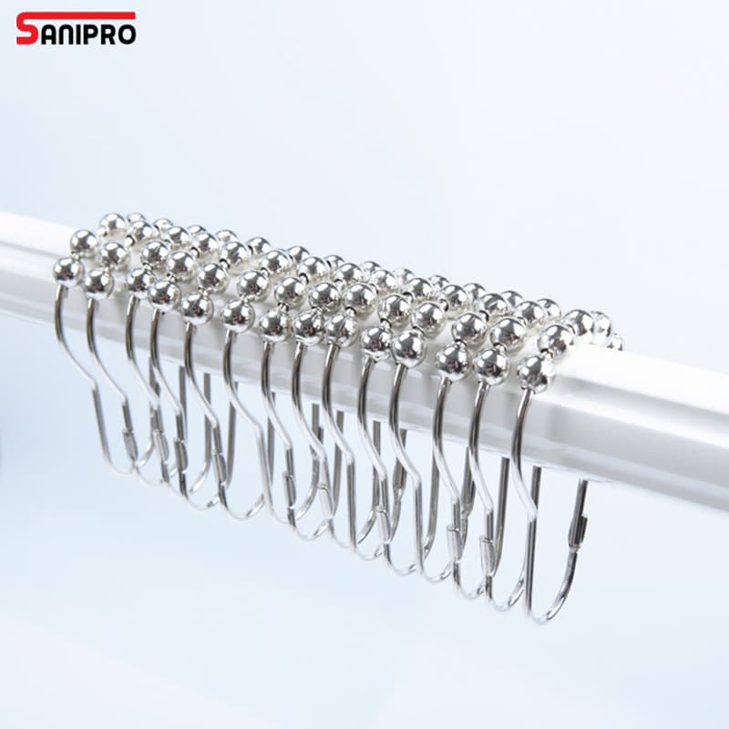 Sanipro Wholesale Footprints Shaped Five-Ball Shower Curtain Roller Rings Chrome Metal Stainless Steel Bathroom Curtain Hooks