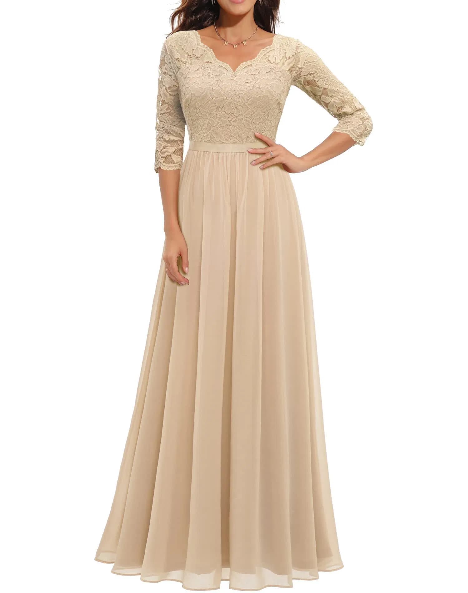 Long Sleeved V-Neck Dress Lace Patchwork Long Wedding Dress Noble and Elegant Short Sleeved Dress