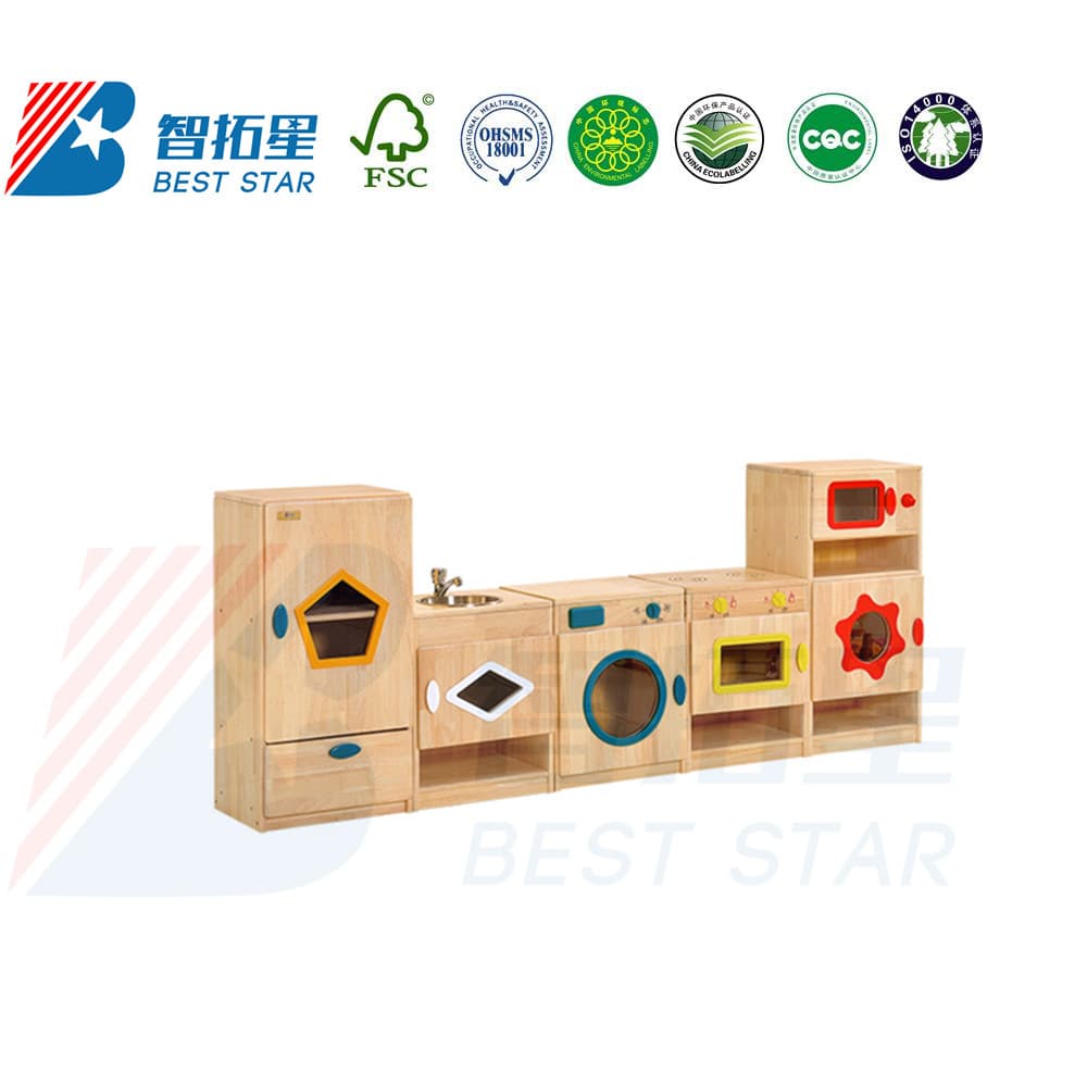 Kids Nursery School Dramatic Play, Kindergarten Preschool Kids Indoor Playground, Dress up and Role-Play Puppet Workstation, Wood Kitchen and House Play Set