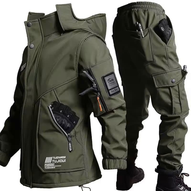 Mens Tactical Softshell Jacket Set Waterproof Windproof Fleece Lined Thickened Warm Outdoor Suits Fishing Cycling Riding Winter