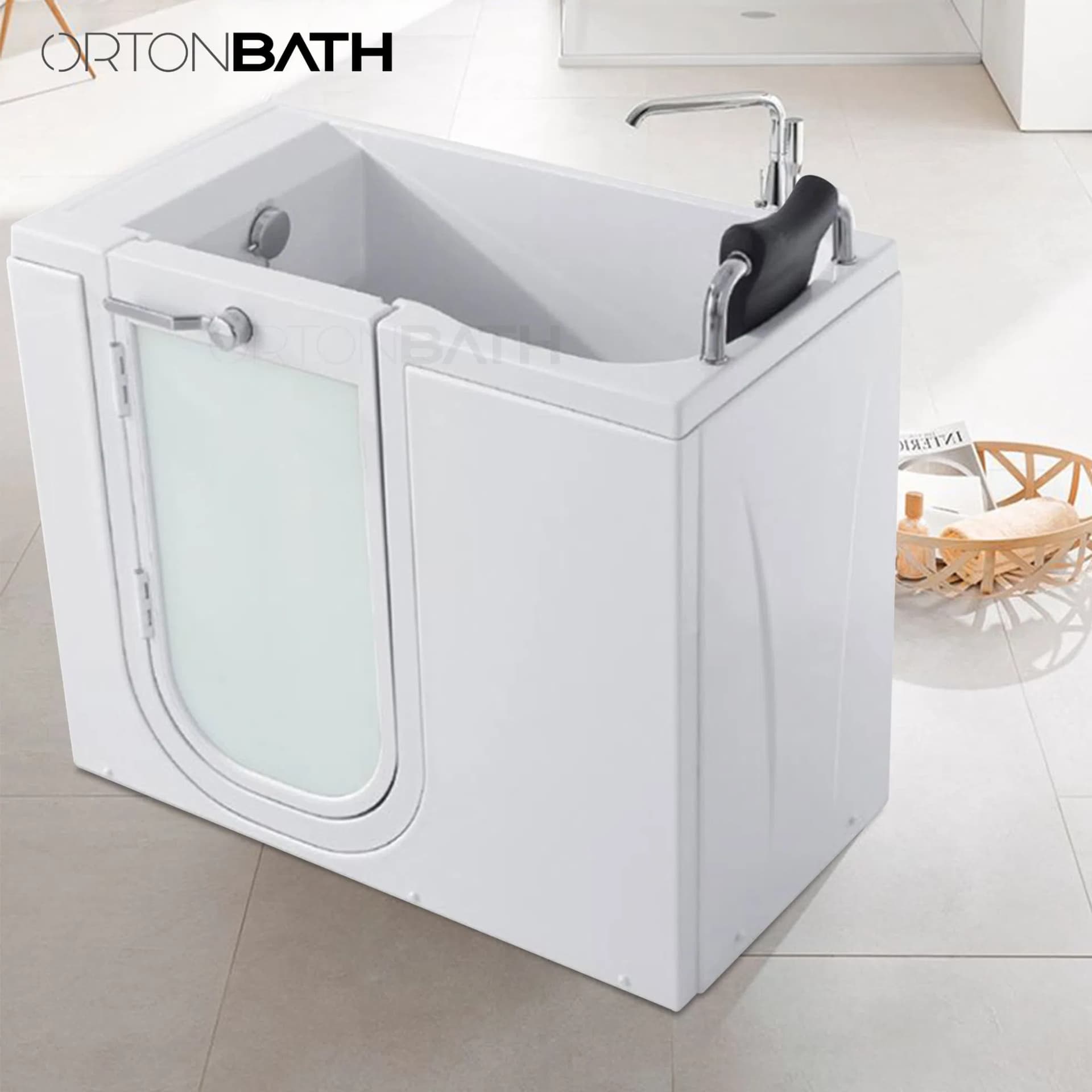 Ortonbath Walk-in Bathtub with Right-Side Door Opening and Quick Fill and Drain System, Rectangular Soaking Bathtub in White