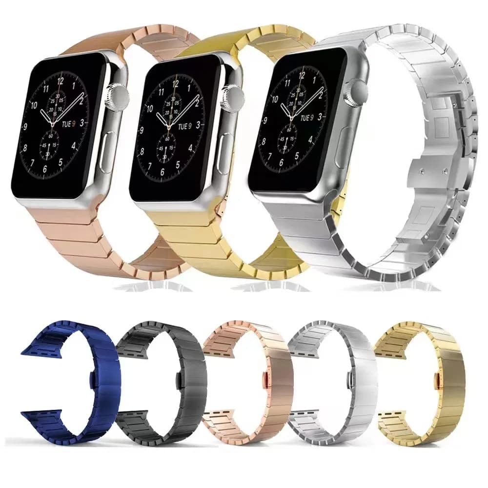 Customized 304 Precision Stainless Steel Adjustable Metal Stainless for Apple Watch Band One Beads 38-49mm Solid Butterfly Buckle Watch Strap