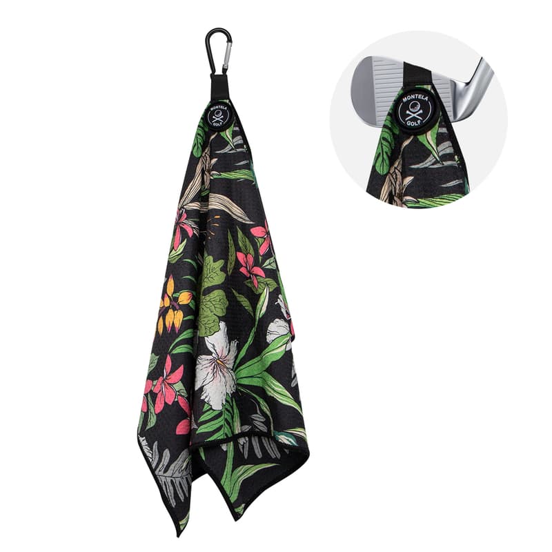 Tropical Floral Design Embroidered Microfiber Magnetic Quick Dry Golf Towel