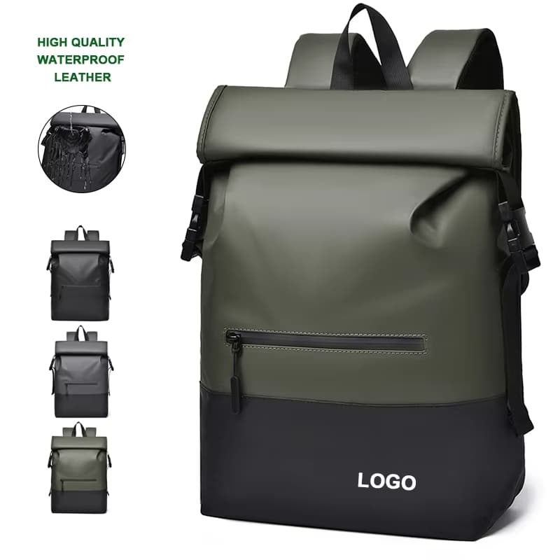 Custom New Style Roll Top Laptop Backpack Waterproof PU Leather College School Students Day Pack Casual Sports Bag Men