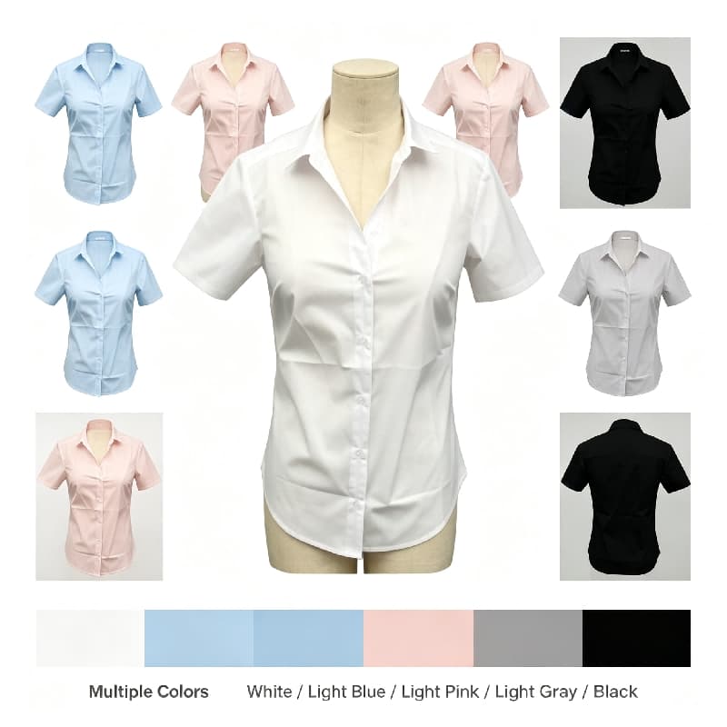 Professional Women Formal Office Shirt White Short Sleeve Turn-Down Collar Slim Fit Work Uniform Blouse for Business Wear