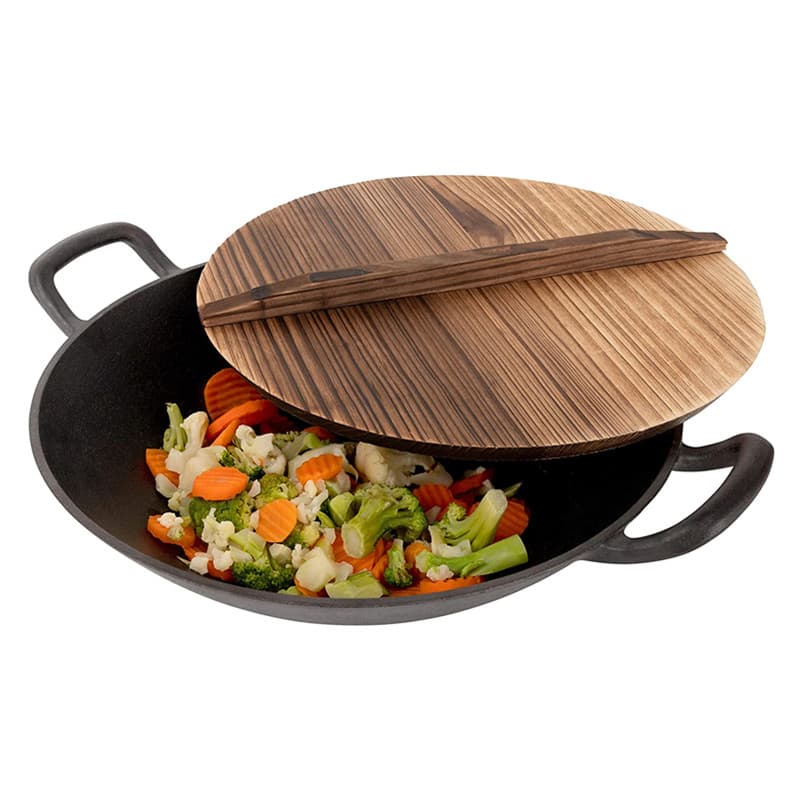 Pre-Seasoned Cast Iron Wok, Black, 13-Inch W/ Large Loop Handles & Flat Base with Wooden Lid