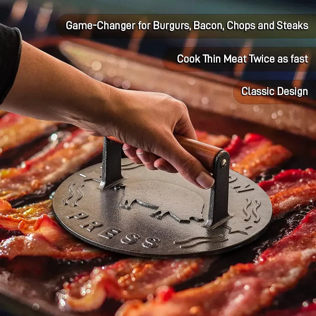 Custom Cast Iron Smash Round Burger Press Hamburger Patty Maker Steak Weight Bacon Grill Meat Press with Wooden Handle
