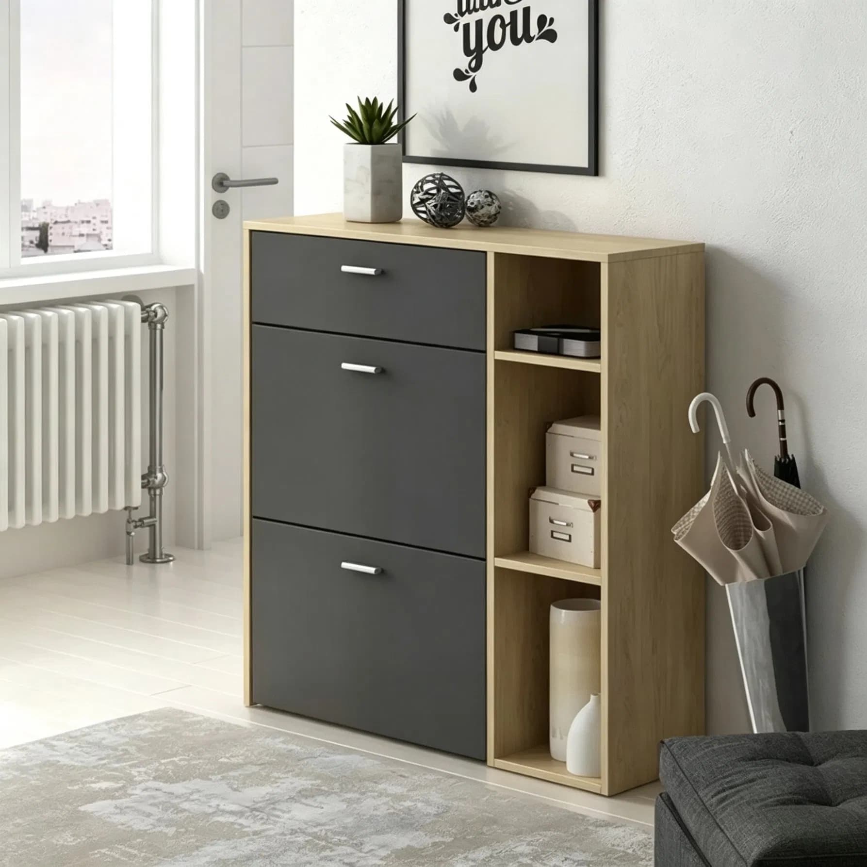 102cm 12-Pair Melamine 2-Tilt-Door 3-Drawer Metal-Guide Beige-Gray Elegant Living Room Shoe Storage