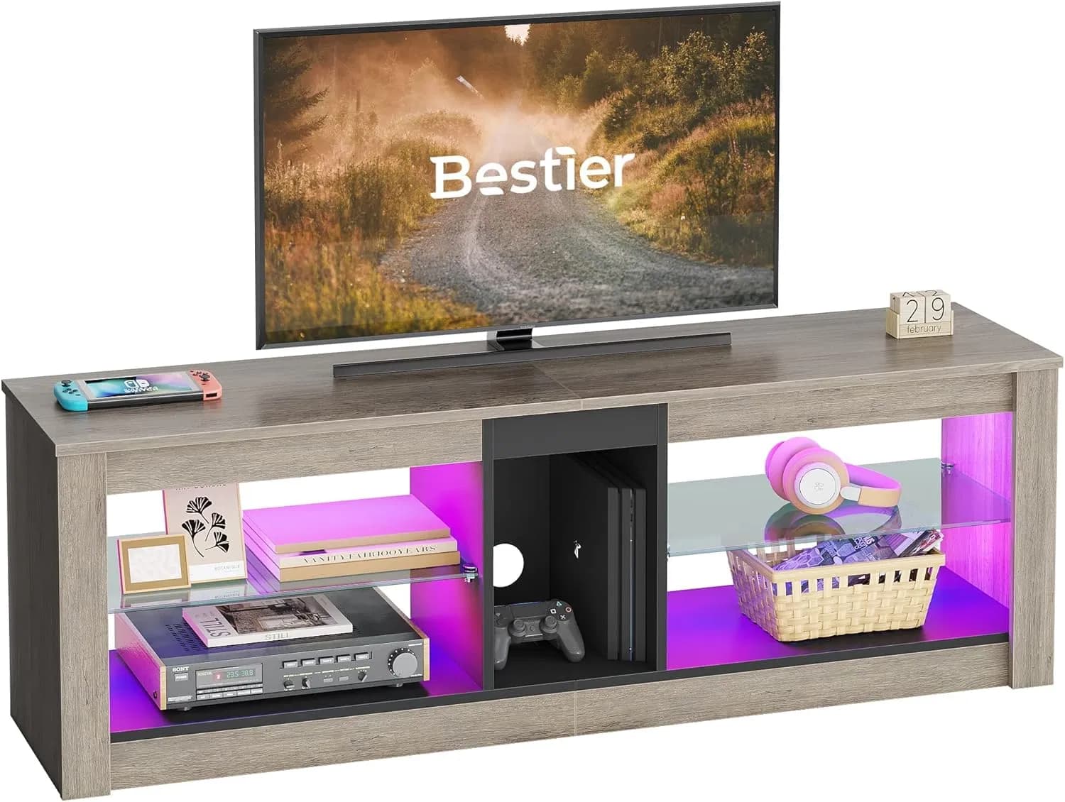 Durable Frame TV Stand with RGB Lights, 22 Dynamic Modes and Tempered Glass Shelves