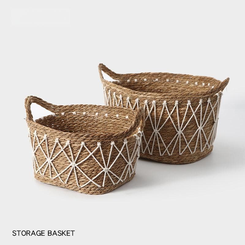Handwoven Seagrass Storage Basket with Handles for Boho Home Decoration
