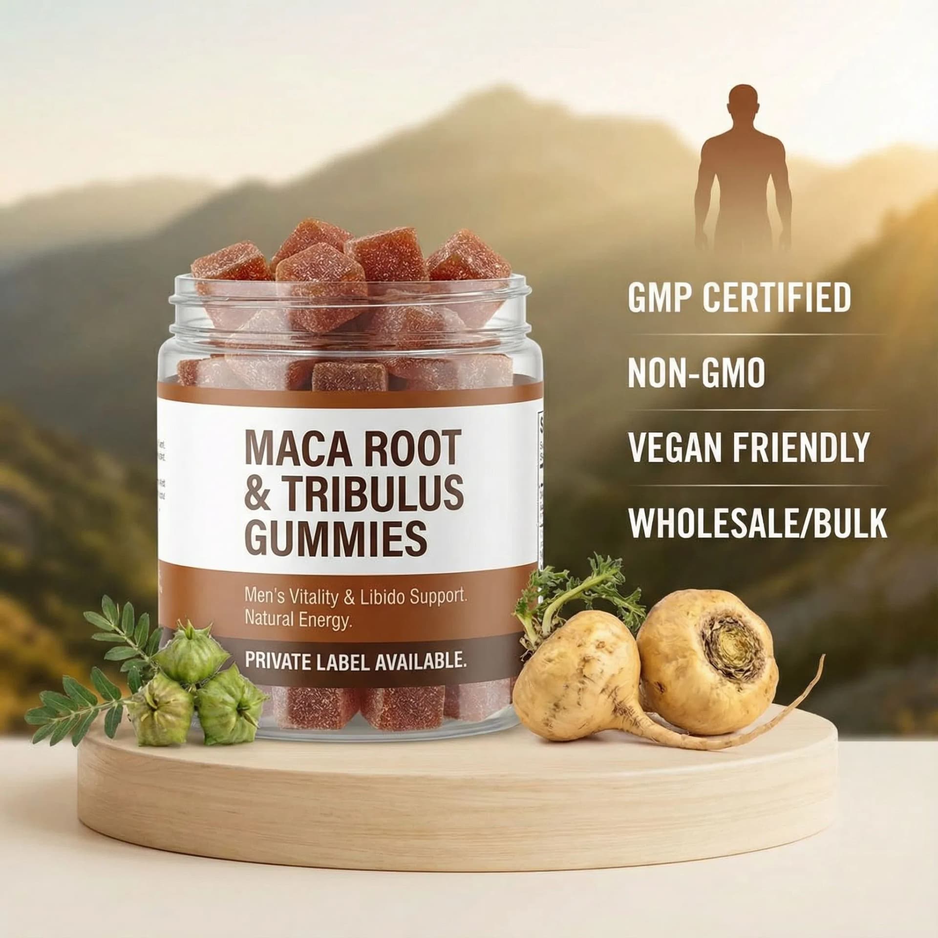 Private Label Maca Root & Tribulus Gummies for Men's Vitality & Libido Support (Natural Energy, Square Shape)