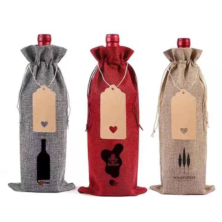 Custom Logo Reusable Eco-Friendly Burlap Jute Linen Drawstrings Wine Bottle Gift Bags