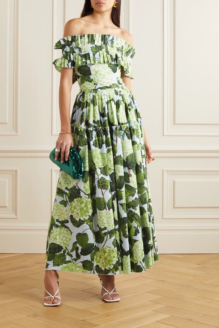 Ladies Elegant Fresh Fairy off-Shoulder Pleated Tropical Pleated Long Dress