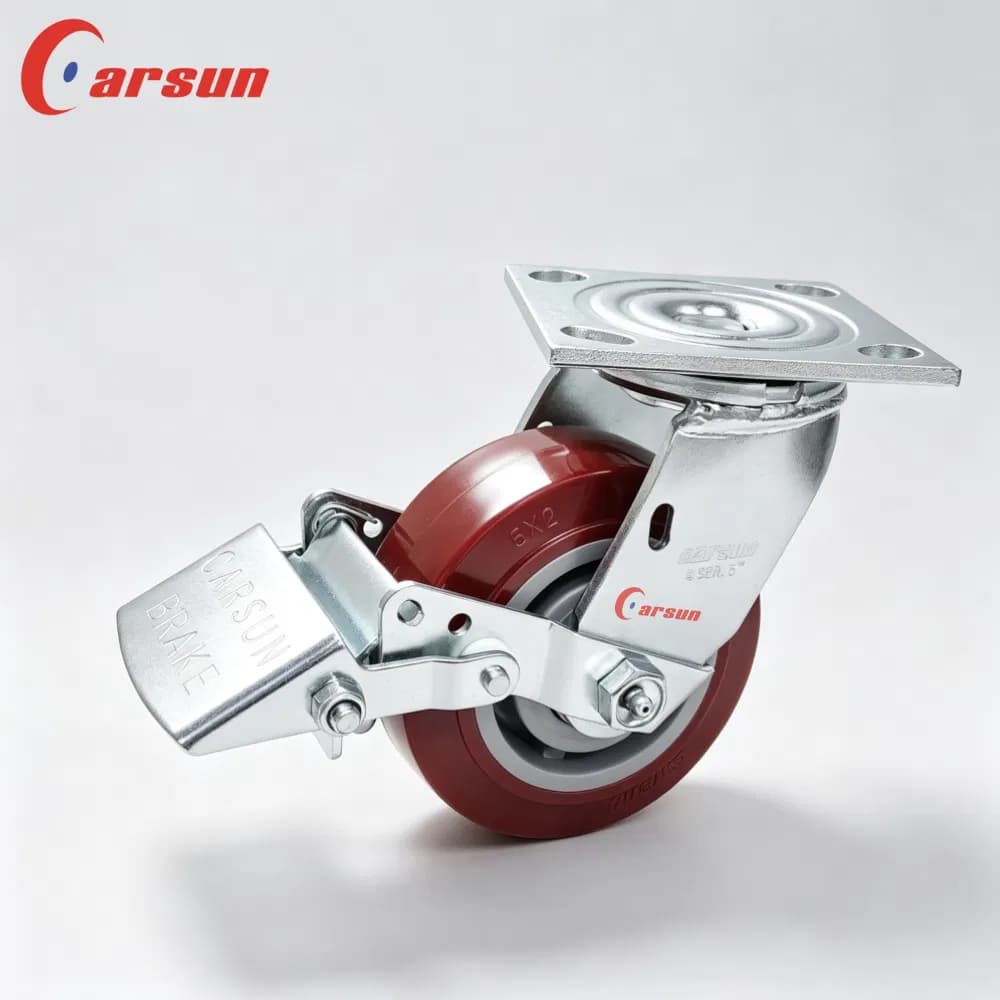 Heavy Duty Caster Wheels Steel 5 Inch Polyurethane Wheel Swivel Caster with Brake, Ball Bearing and Galvanized Surface