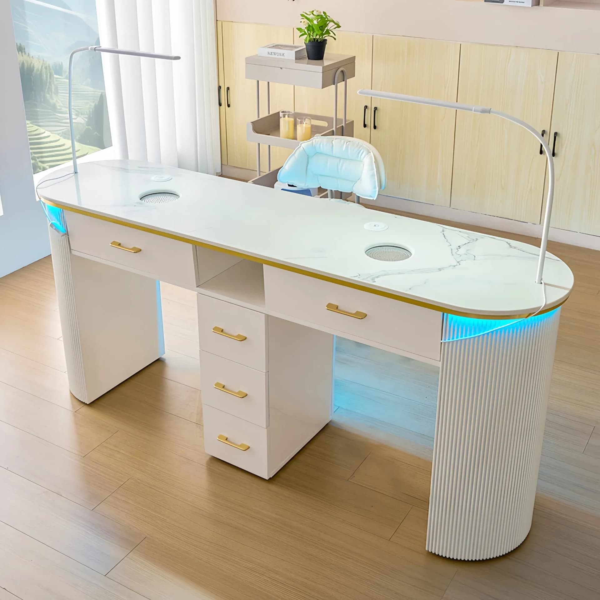Modern Salon Dust Collector Storage Wooden Double Nail Tech Table Manicure Table