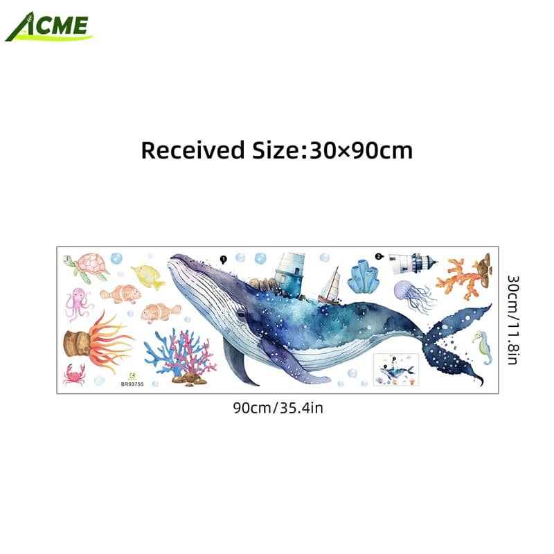 Watercolor Ocean Whale Wall Stickers Waterproof Self-Adhesive Wall Decor for Bathroom