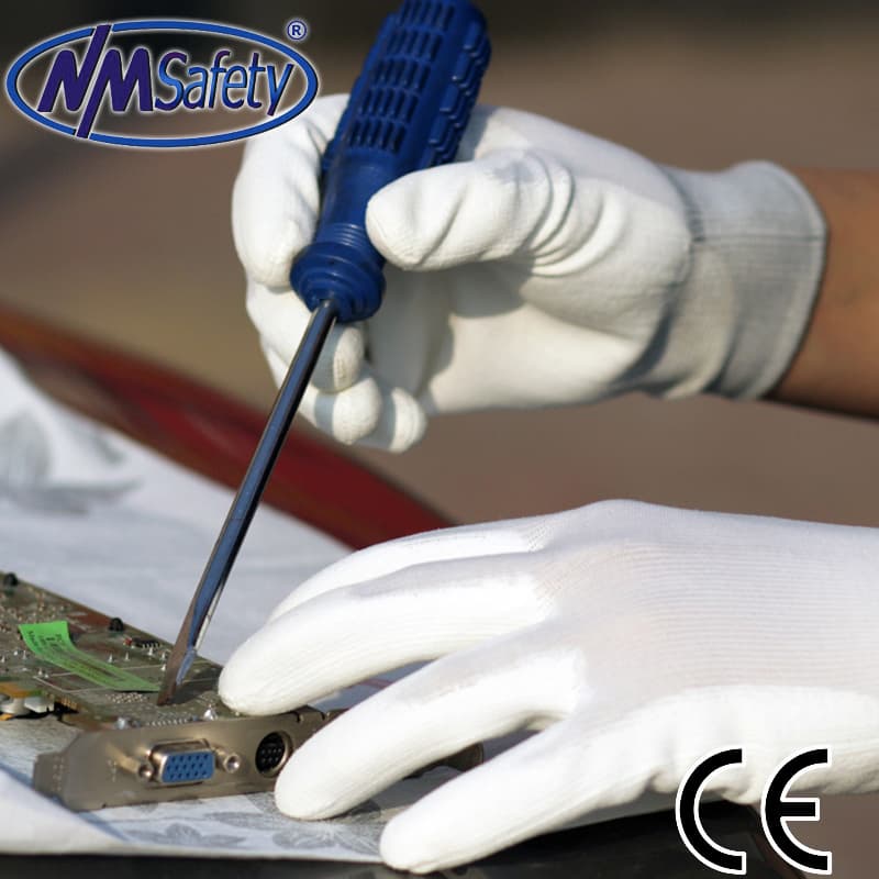 Nmsafety Palm Fit PPE White PU Coated Automotive Industry Safety Work Glove