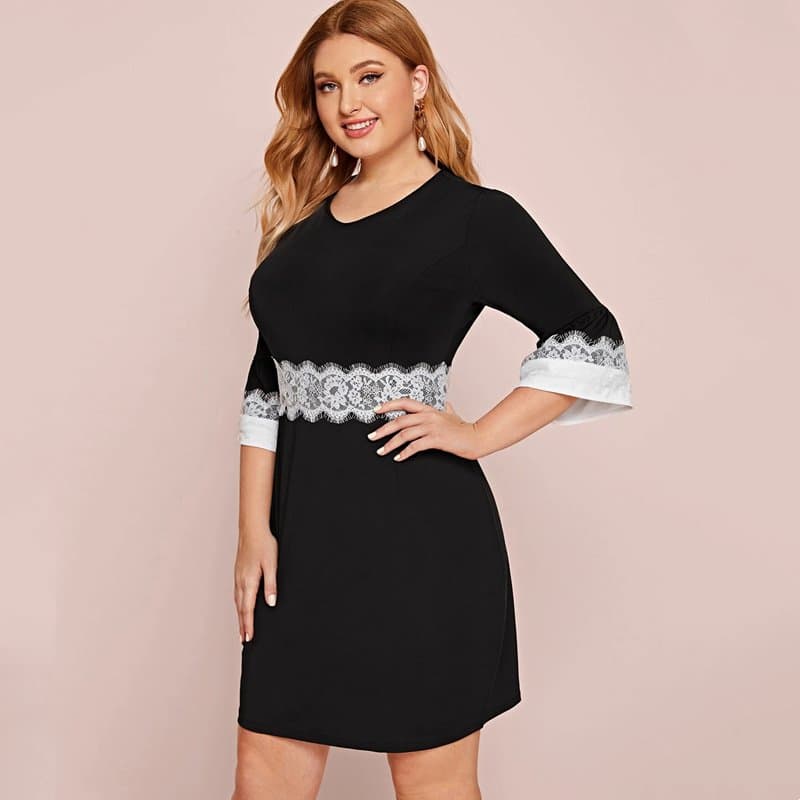 New Arrival Fashion Plus Size Slim Conbo Lace V-Neck Dress