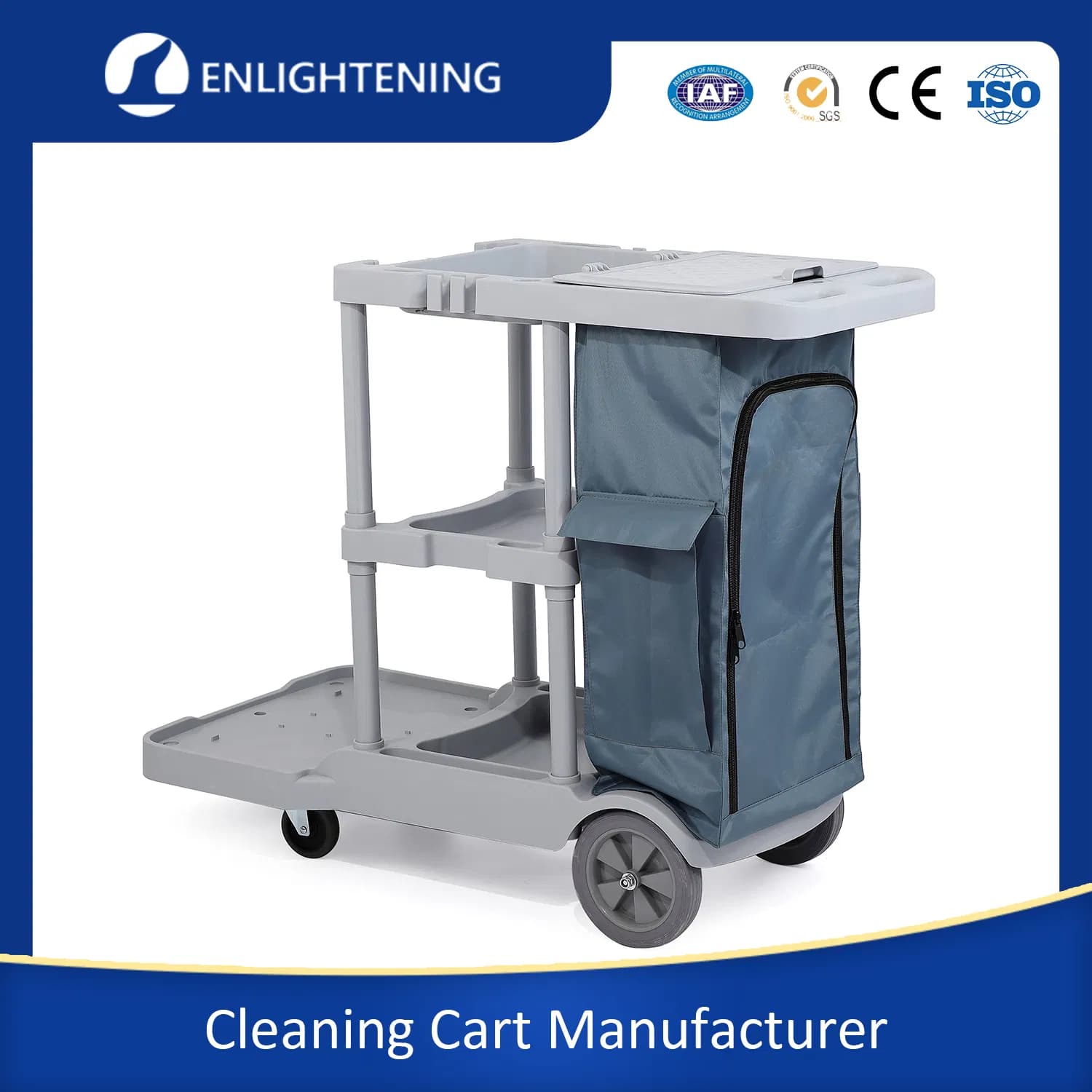 Custom Color Hospital Hotel Floor Housekeeping Cleaning Service Mobile Janitor Cart Trolley Supplies with Bag Wheels Organizers