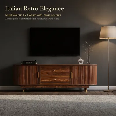 Solid Walnut TV Console with Brass Accents Retro MID-Century TV Stand with Drawers TV Cabinet