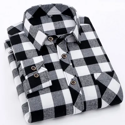 Classic White Black Plaid Shirts Mens Long Sleeve Cotton Flannel