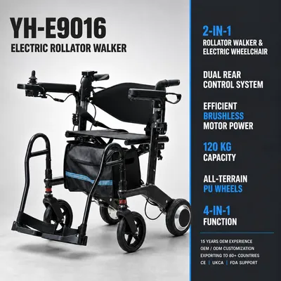 4 Wheel Mobility Walking Aids Lightweight Foldable Electric Rollator Walker for Elderly with Padded Seat