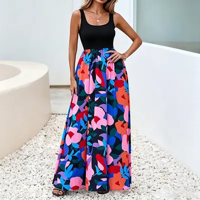 Sleeveless Floral Maxi Dress with Color Block Design for Women
