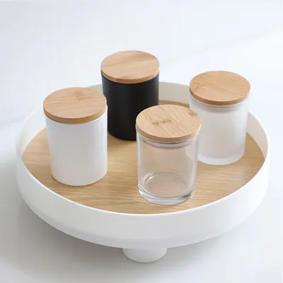 Wholesale Frosted Candle Jars with Wooden Lid Customized Logo Candle with Bamboo Lid for Candle Making